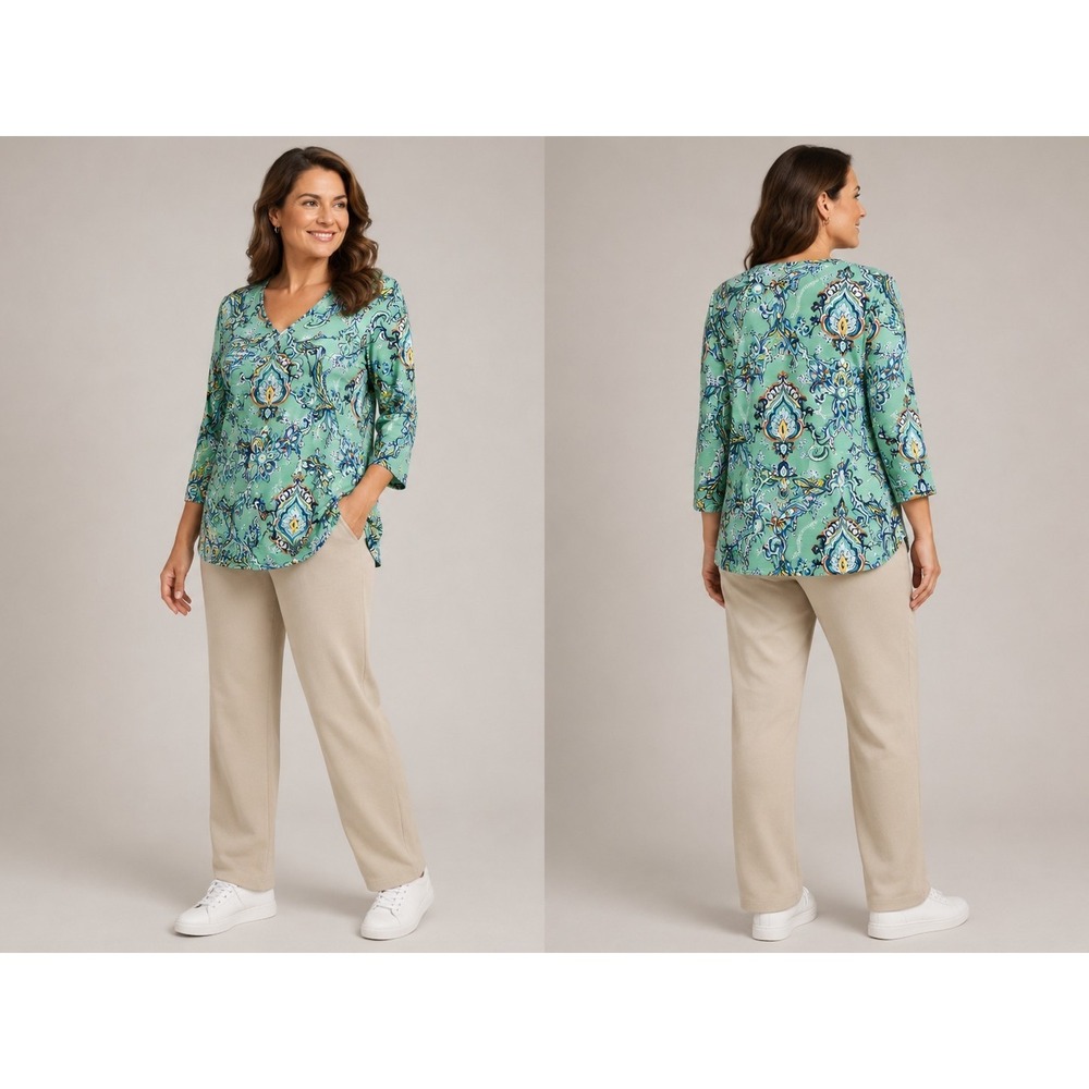 Chico's Size 2‎ Mint Paisley Tunic Top Boho Medallion Cotton Modal Shirt Comfy